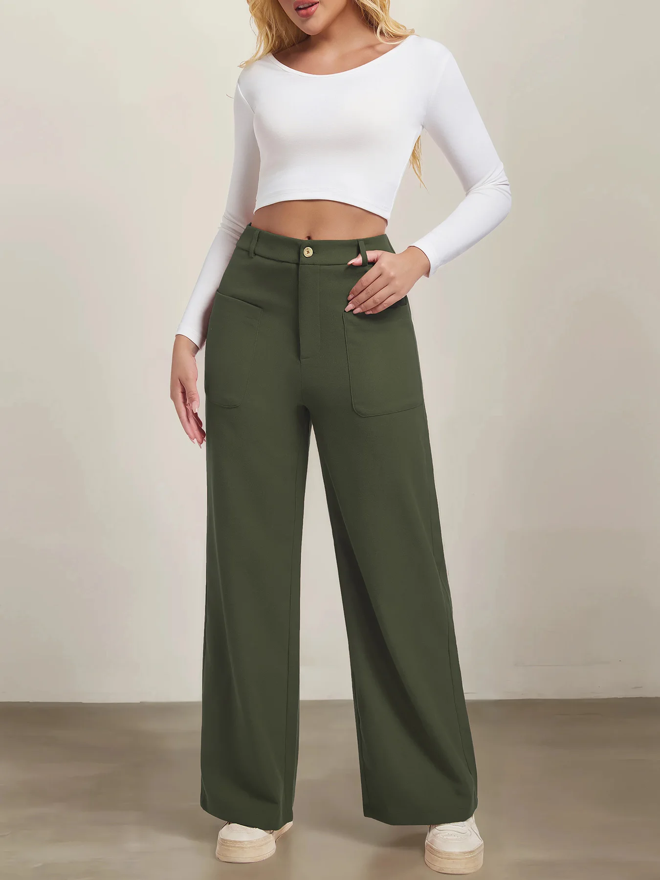 Women High Waist Wide Leg Pants Button Front Flap Pockets Casual Straight Trousers Work Office Pants