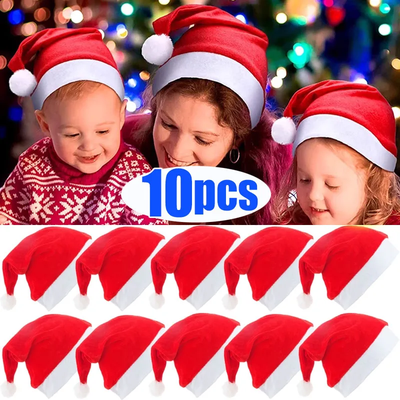 

10PCS New Year Christmas Hats Velvet Hat Adults Kids Hats Christmas Decorations for Home Xmas Santa Claus Gifts Warm Winter Cap