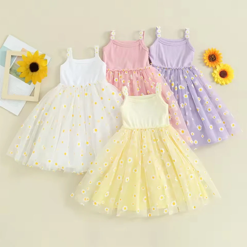 Korean Style Kid's Girls' Summer Dress 0-6Y Cute Baby Children's Daisy Suspender Mesh Dress for Girls Sun Beach Holiday Clothing