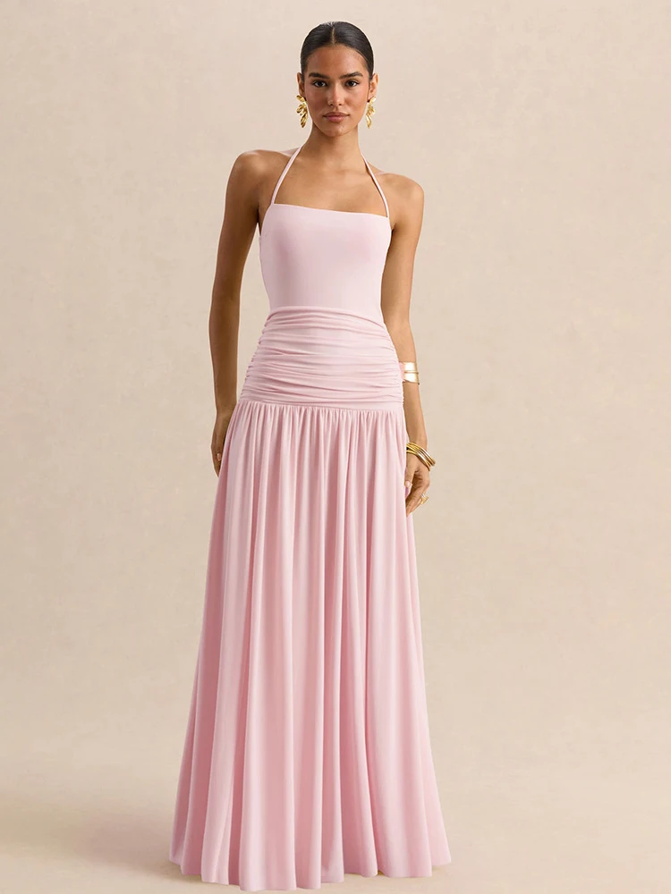 

New Off The Shoulder Halter Maxi Dress Summer Women Backless Prom Gowns Fashion Elegant Sleveless Pleated Evening Long Dress