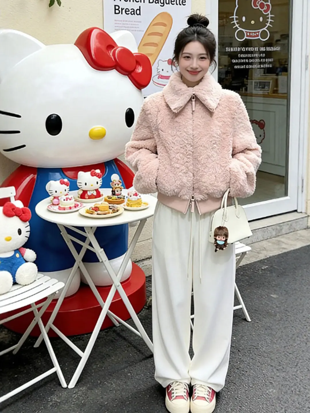 

Pink Lamb Fur Collar ort Jaet Unique Sli Korean Loose Fit Winter Outerwear for Women Tourist Casual Daily Wear