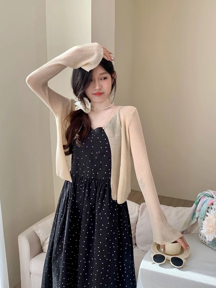 

Women's V-Neck Knitted Light Weight Bell Sleeve Cardigan Pure Color Top Summer New Style Commute Simple Style Polyester Fiber