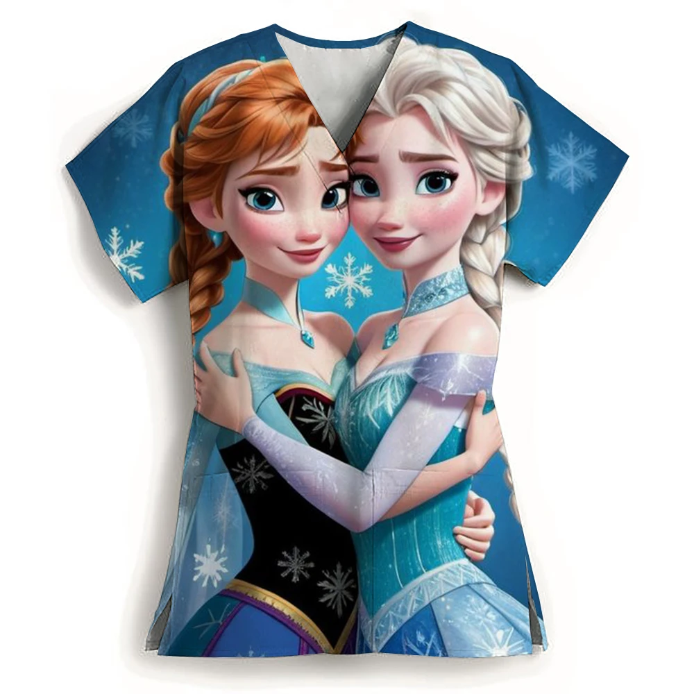 Pretty Disney Princess Cartoon Pattern Printed Women's T-shirt 2024 Summer Comfortable and Casual Nurse Uniform Y2k style Top