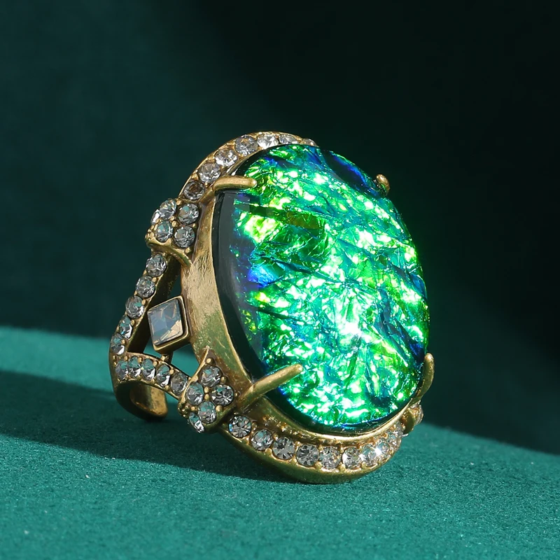 

Vintage Green Ring Adjustable Luxury Dubai Jewelry Designer Women Statement Natural Stone Rhinestone Antique Gold Color 2025 New