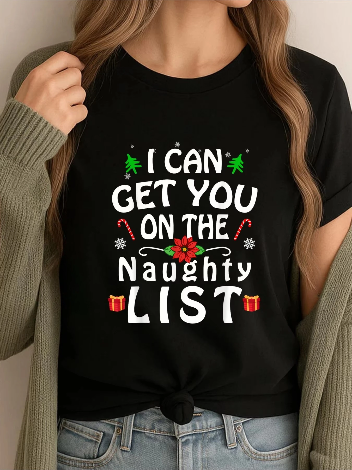 Unisex Christmas Naughty List Graphic T‑Shirt Xmas Candy Cane Poinsettia Print Crew Neck Holiday Party Casual Tee For Men Women