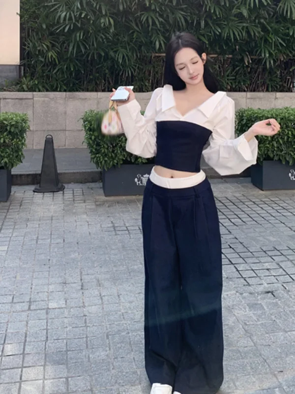 

Утягивающий свободный комплект из двух предметов, синие и белые брюки irt, женский модный осенний новый повседневный комплект