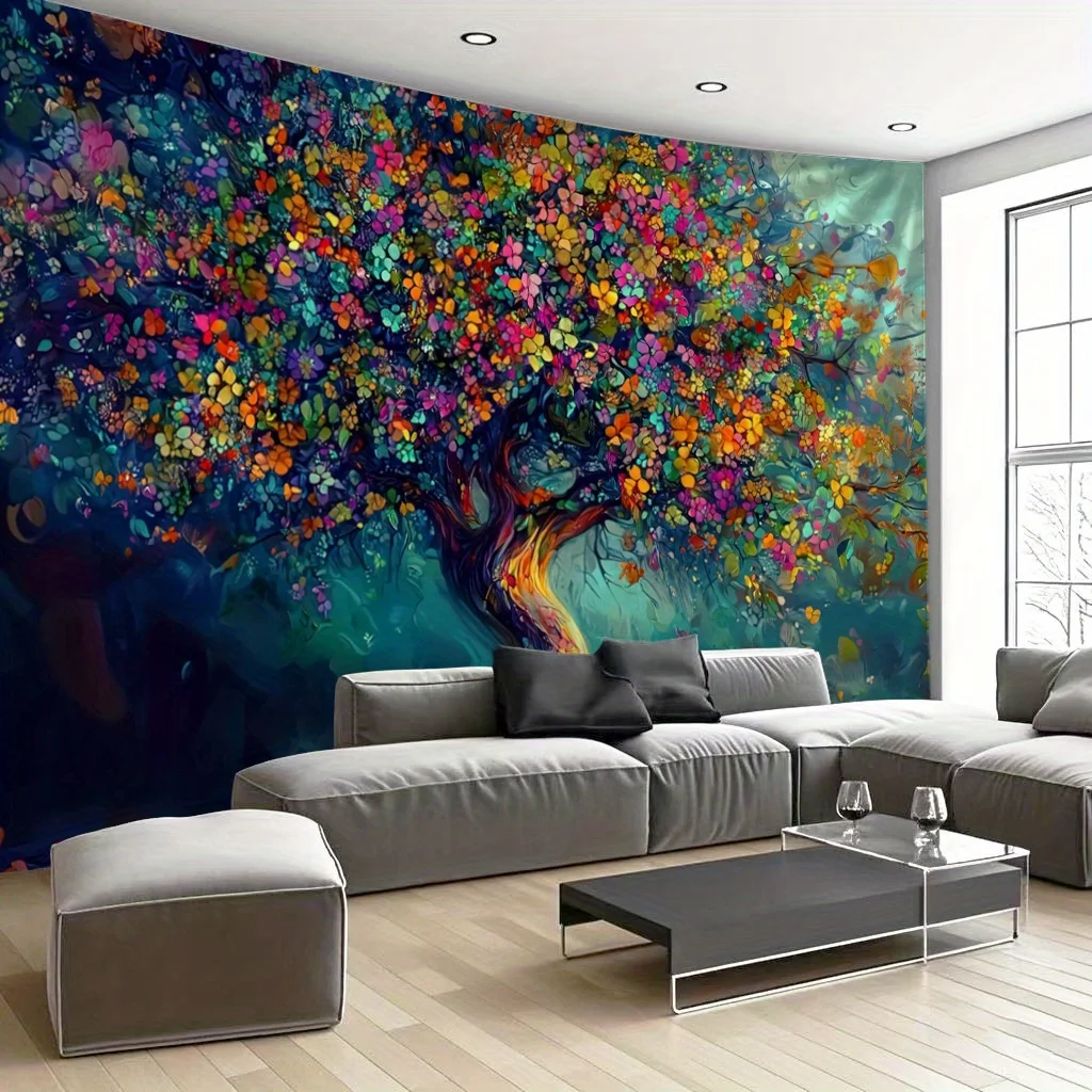Bohemian Colorful Tree Mural Tapestry Polyester Wall Hanging Art Decor for Living Room Bedroom Apartment Modern Nature Style