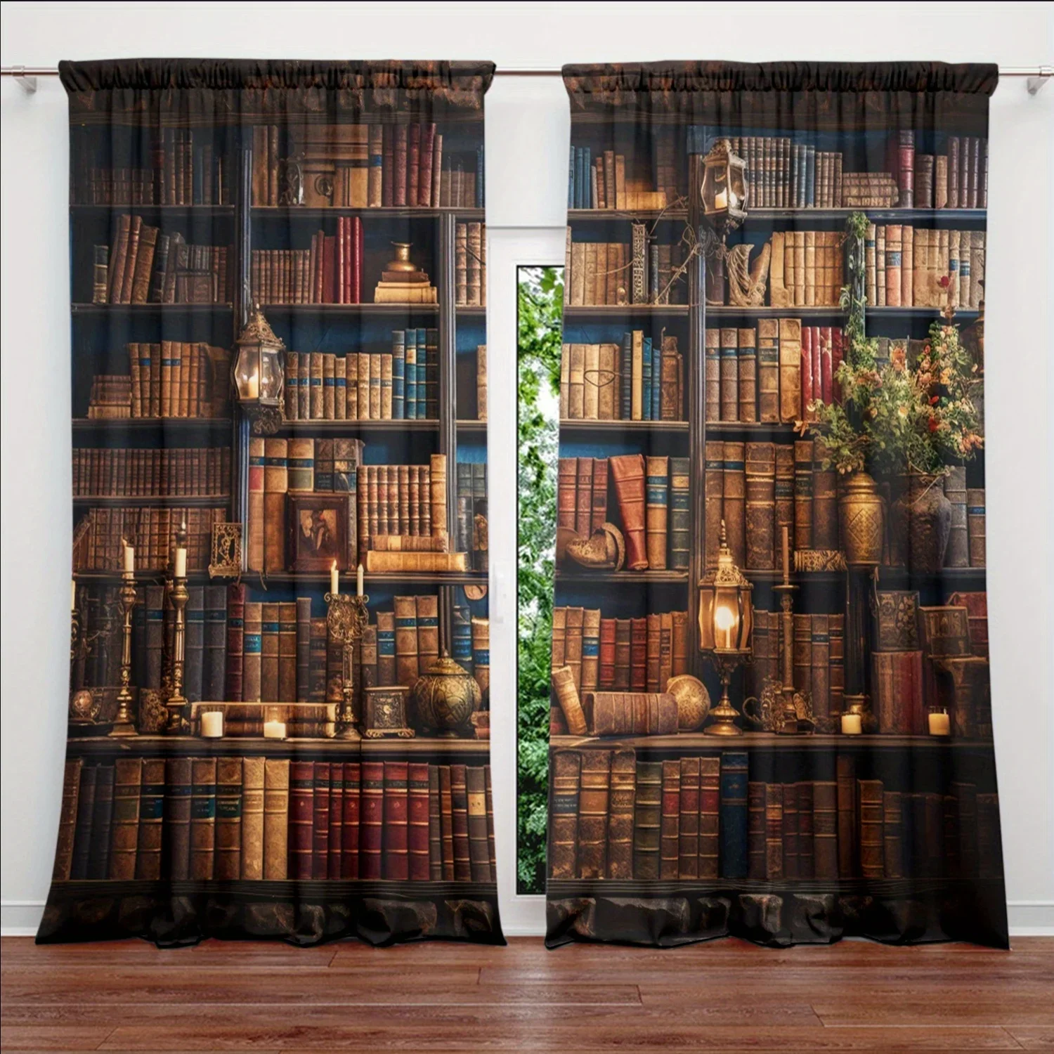 2pcs Middle Ages Bookcase Printed Curtain for Home Decor - Rod Pocket Window Treatment for Bedroom, Office, Kitchen, Living Room