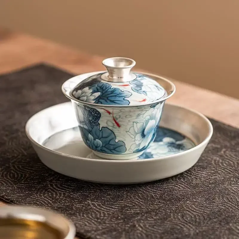 Liu Yinyu Plays Qinghe Sancai Cover Bowl 1Bowl 2Cups TeaSet Household KungFu Tea Bowl High-end Tea Bowl Tea Tray Craft Ornaments
