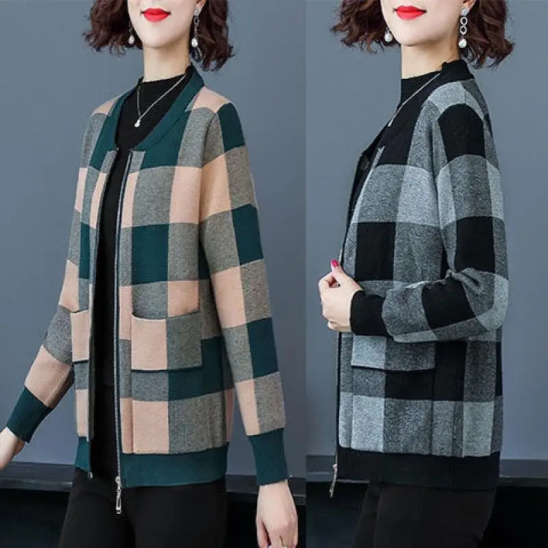 2022 Elegant Fashion Middle-Aged Mother Spring Autumn Casual Jacket Round Collar Long Sleeve Loose Plaid Coat Pocket Zipper Tops