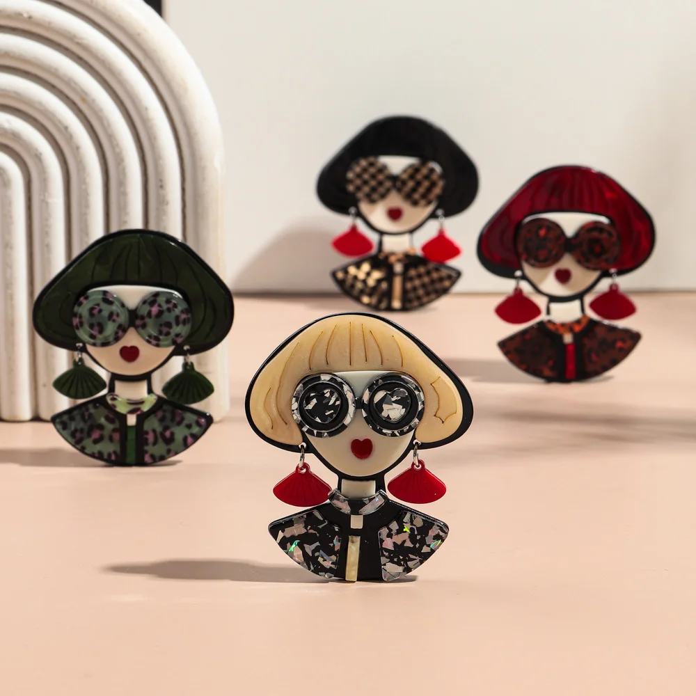 Fashion Acrylic Wearing Sunglasses Girl Brooches for Women Lovely Smart Lady Brooch Lapel Pins Clothing Jewelry Accessories