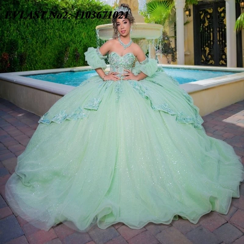 

EVLAST Customized 2026 Mint Green Quinceanera Dress Ball Gown Lace Applique Beading Bow Corset Sweet 16 Vestidos 15 Anos E2QA206