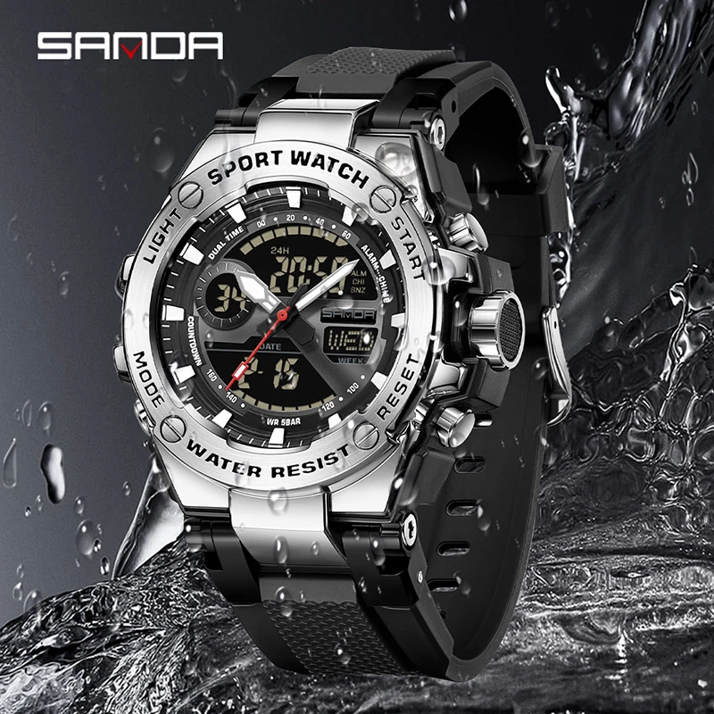 SANDA New G Style Men Watch LED Electronic Military Countdown Multifunctional Outdoor Sports Waterproof Men\'s Quartz Wristwatch