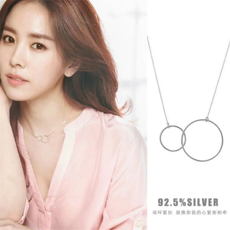 

New Simple Korean Style Fashion Jewelry 925 Sterling Silver Double Circle Cross Round Clavicle Chain Pendant Necklaces XL238