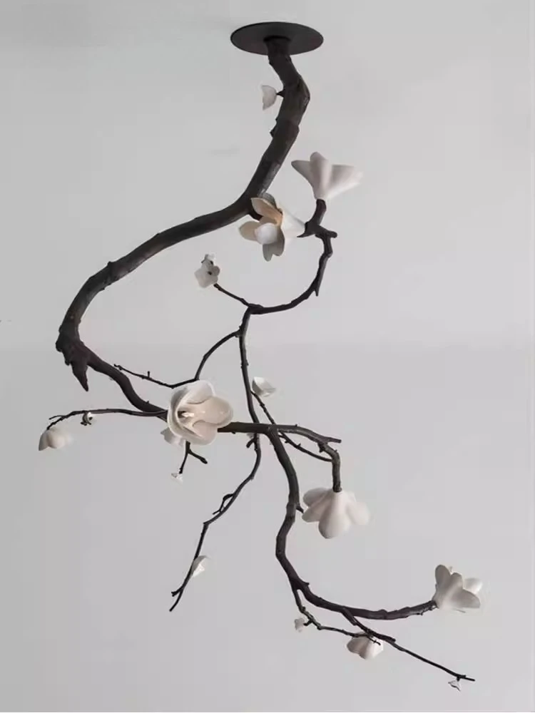 Light Luxury Living Room Chandelier All Copper Branches Ceramic Magnolia Flower Art Wabi-Sabi Wind New