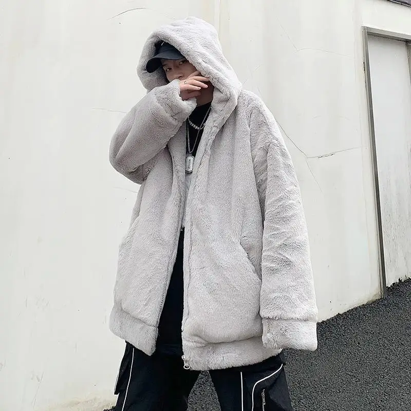 

Men's Winter Plush Coat Trendy Handsome Korean Version Loose Thickened Hood Imitation Rabbit Fur Grass Jacket 2024 A217