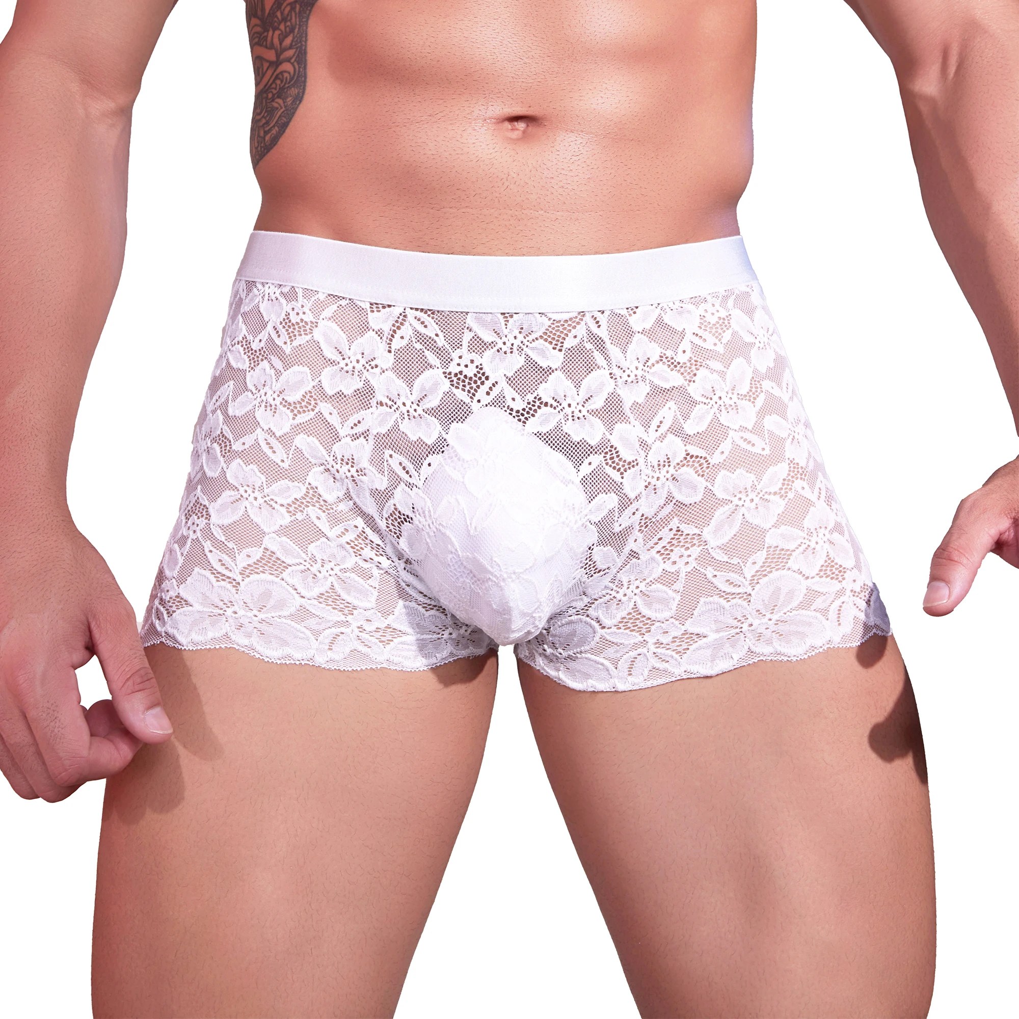 

Men's Lace Sexy See-through Boxers Low Rise Breathable Men Underwear Stretchy Male Gay Sissy Panties Classic Color Boxer Shorts