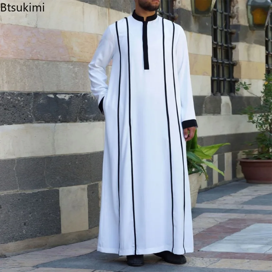 

2025 Muslim Fashion Abayas for Men Eid Middle East Arabic Caftan Long-sleeved Color Blocking Men Jubba Thobe Casual Long Robes