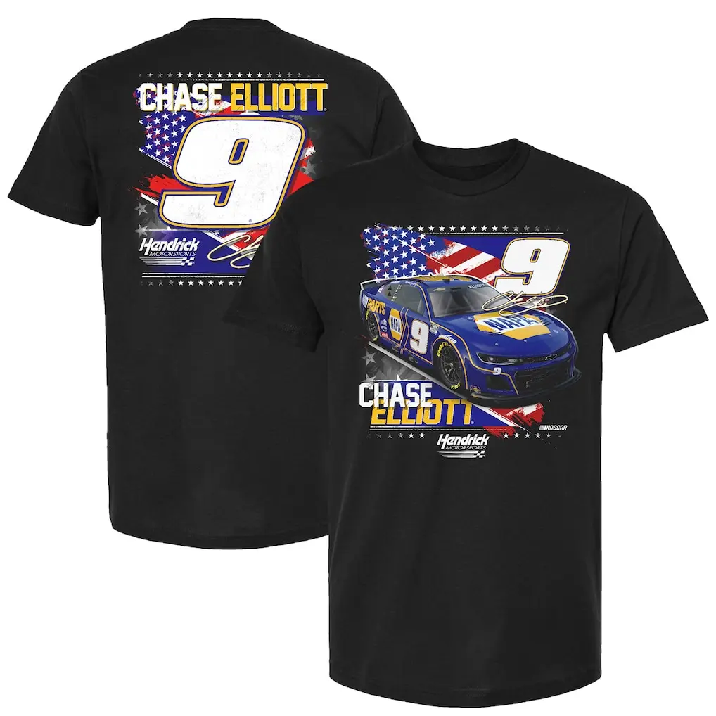 

Клетчатый флаг, спортивная футболка Hendrick Motorsports Chase Elliott, черная футболка NAPA Patriotic 9, серия чашек гоночных автомобилей, футболки с короткими рукавами