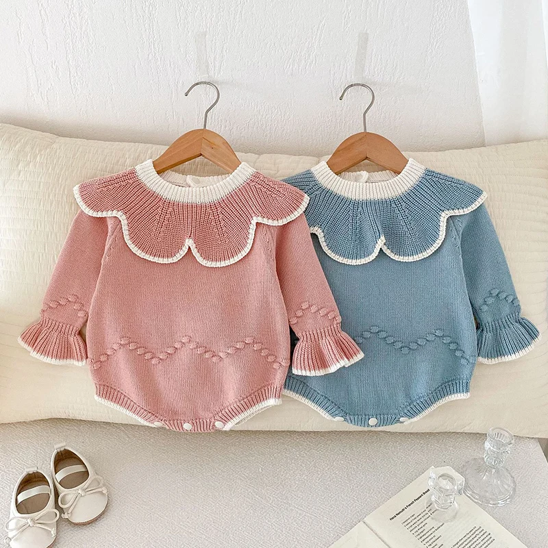 2024 New Autumn Children Knitted Clothes Infant Baby Girls Knitted Jumpsuit  Long Sleeved Splicing Newborn Baby Girls Bodysuits