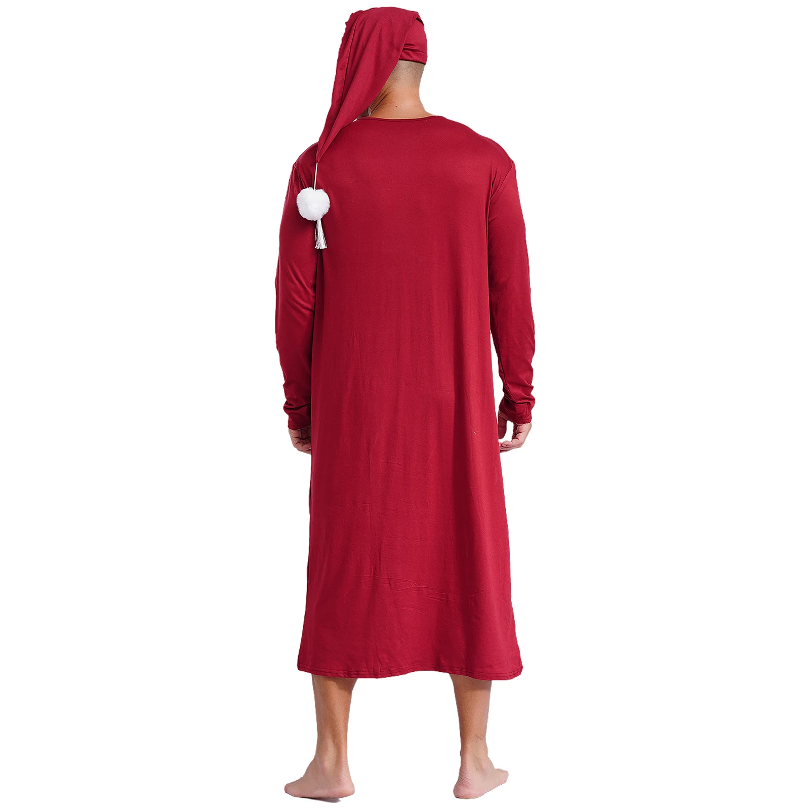 Mens Solid Color Sleep Robe with Hat Round Neck Long Sleeve Long Robe Pointed Hat with Pom-pom Loose Loungewear Sissy Nightwear