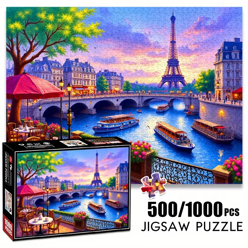 500/1000pcs Paper Puzzle: Enjoyable Time by the Seine River: Romantic Scenery Under the Eiffel Tower, Large Puzzle Toy for Adu