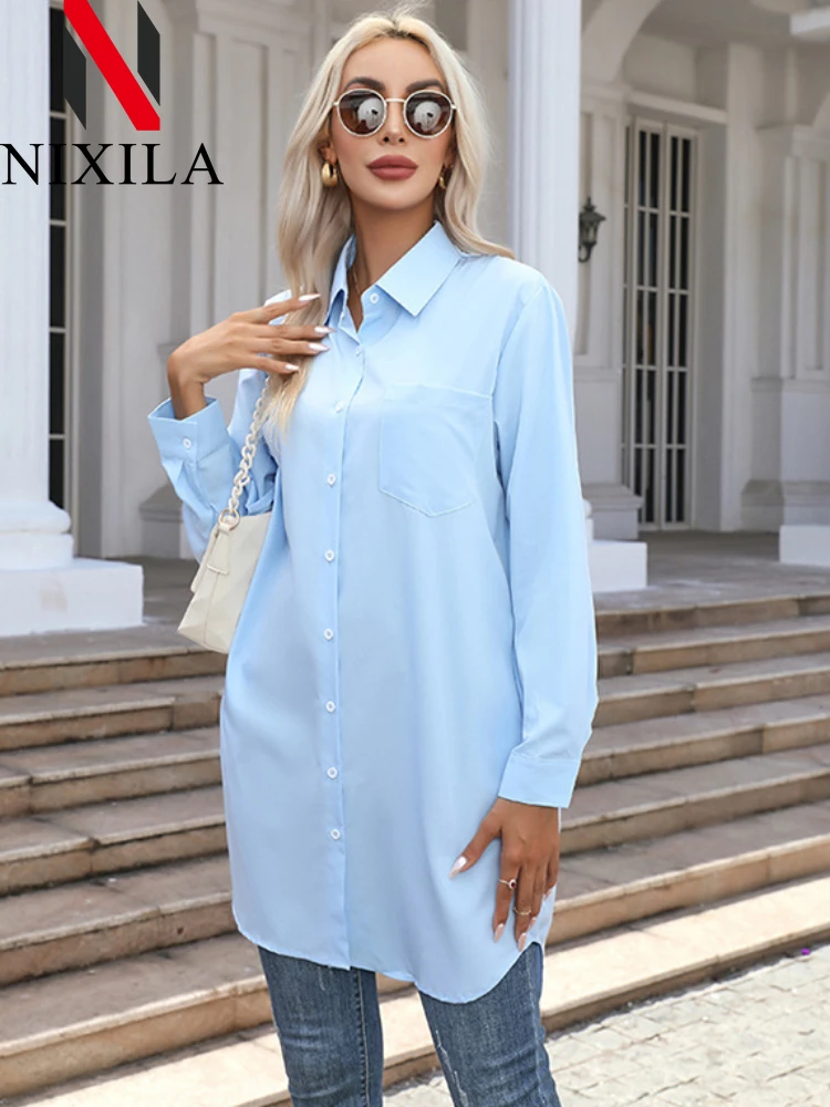 Nieuwe lente elegante blouse stijlvolle vrouwen revers hals shirt met lange mouwen losse effen split zoom tops oversize OL werk blusas kleding