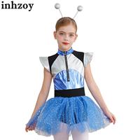 Girls Outerspace Astronaut Alien Robot Costume Metallic Tutu Dance Dress Leotard for Outer Space Man Halloween Cosplay Dress Up