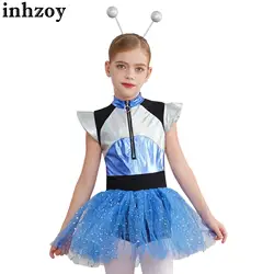 Kids Girls Alien Robot Spacemen Astronaut Dress Short Sleeve Color Block Splice Shiny Tutu Dress Halloween Carnival Dress Up