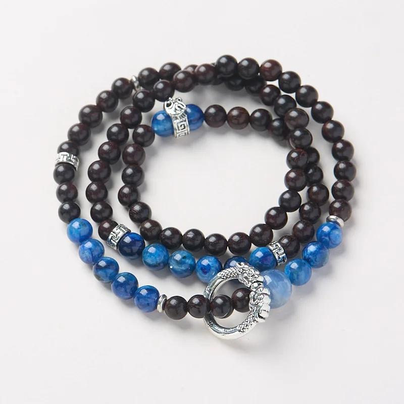 

Design Natural 6MM Small Leaf Red Sandalwood Mountain Shadow Qinglan Blue Crystal Stone Three-Circle High-End Bracelet