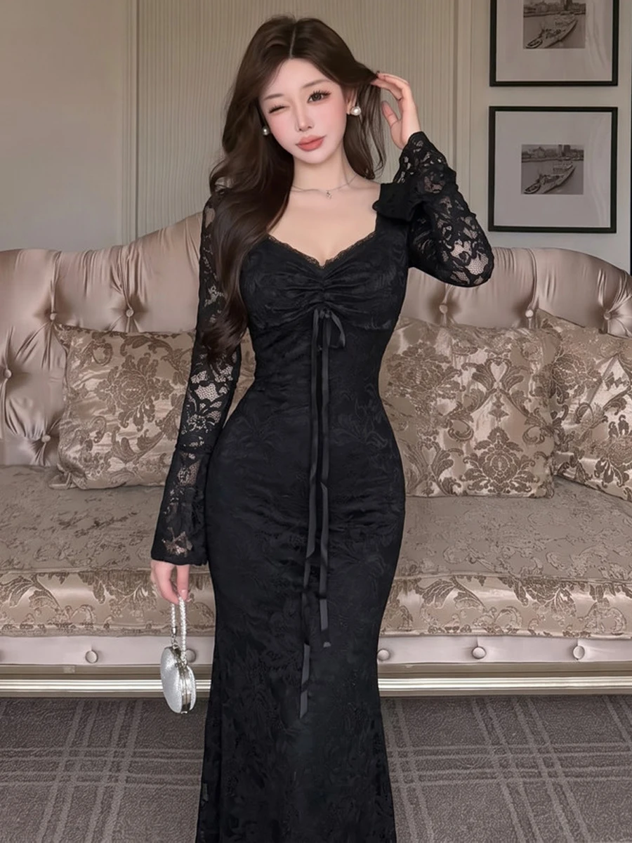 Elegant Lace Sleeve Long Dress Sexy Bell Bottoms Waist Cinched Fish Tail Silhouette Fashionable Spring Autumn Winter Dress