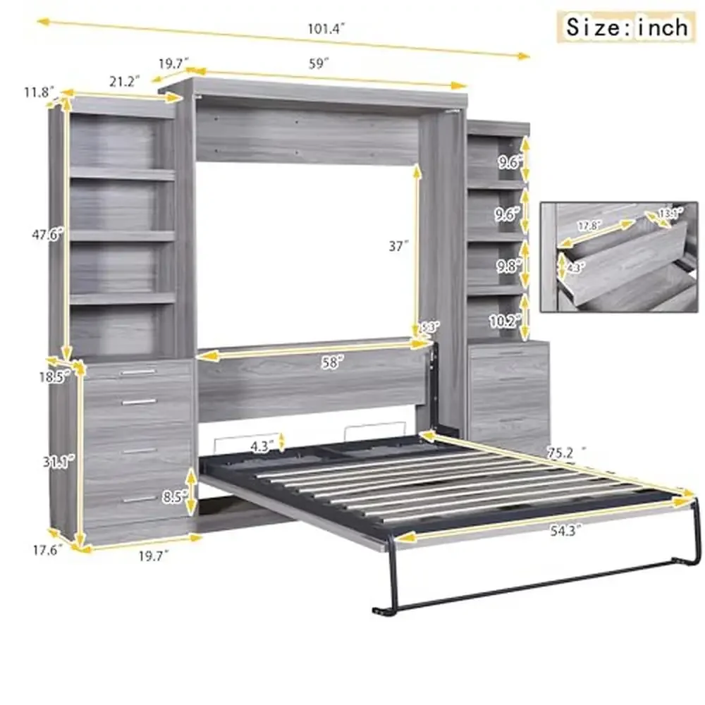 Full Size Murphy Bed Cabinet Storage Drawers Shelves Elegant Wood Platform Guest Room Solid Space Saving Cabinet Bed Organize