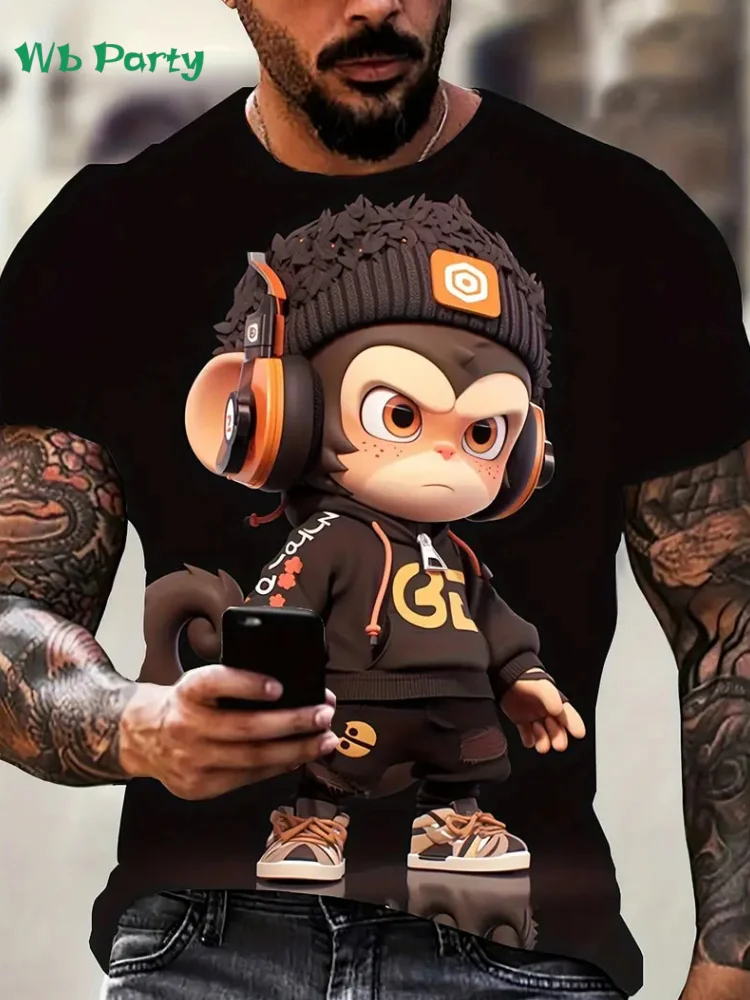 

Cartoon Monkey Men's T-Shirt Fashion Summer Outdoor Men Short Sleeved Tee Trend Round Neck Men's Clothing New Oversized Men Top