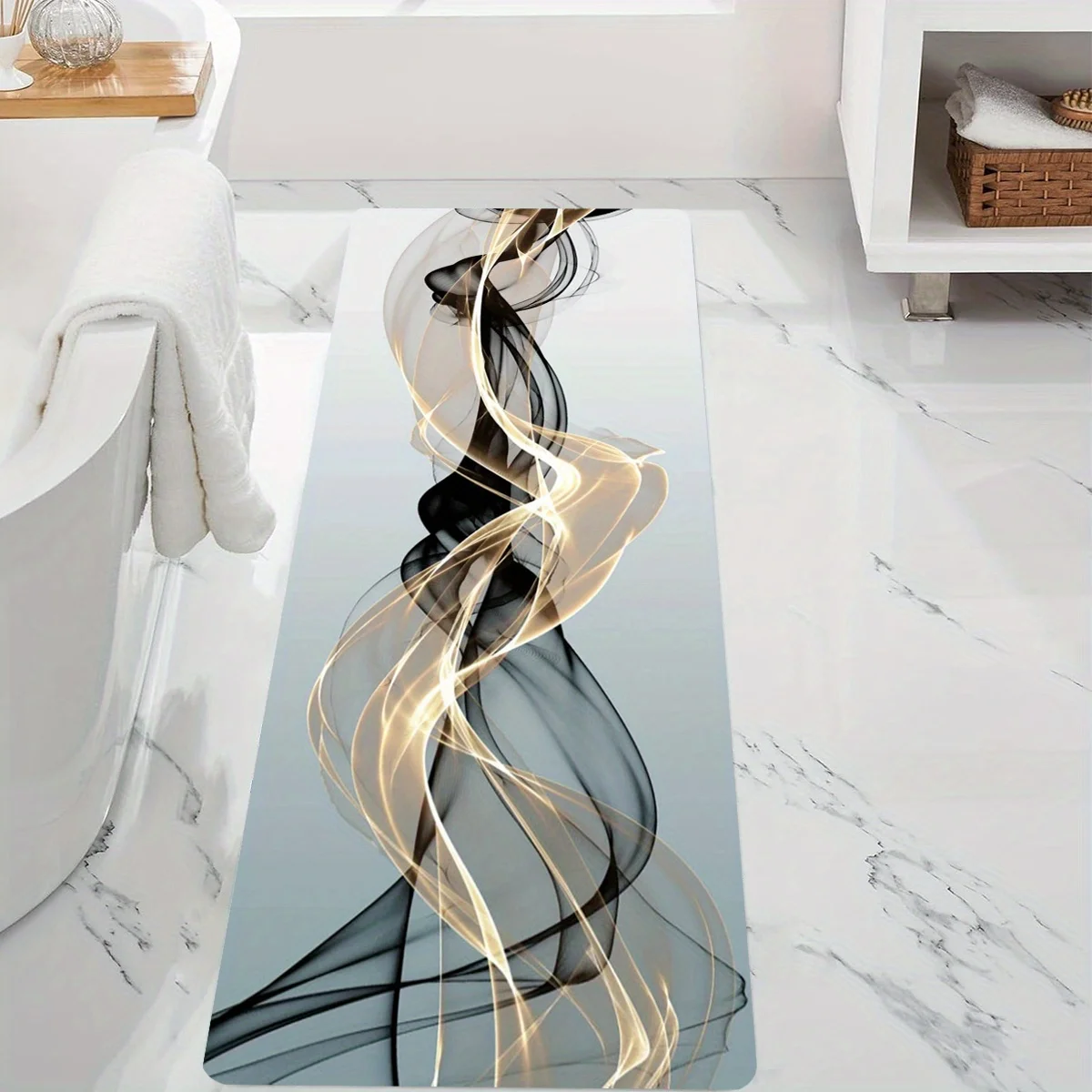 Light Blue Gradient Background Black Gold Abstract Smoke Flowing Ribbon Line Art Print Long Runner Rug Modern  Rug for Bedroom