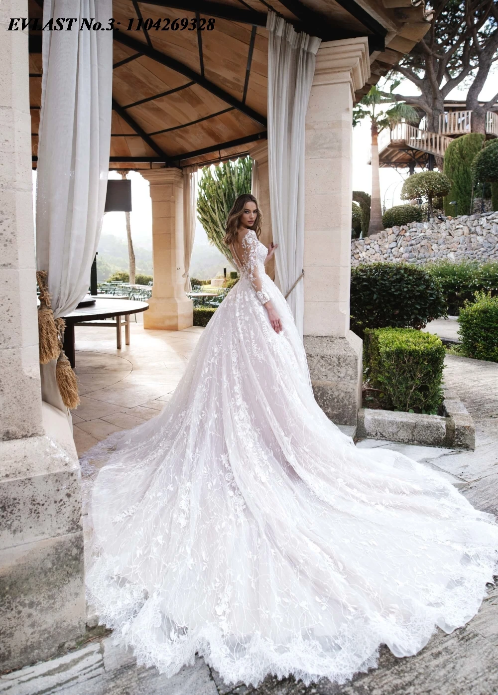 EVLAST personnalisé Vintage une ligne robe De mariée dentelle florale Applique chérie à manches longues robe De mariée robes De Novia E3WA01