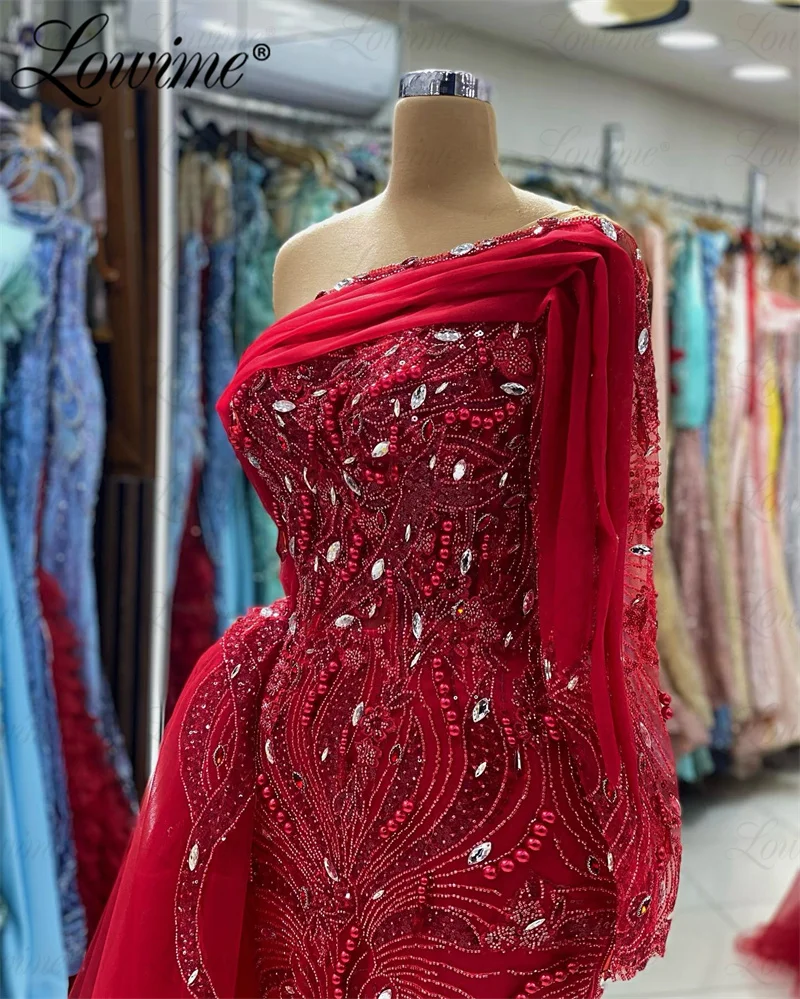 Robe de Soirée Longue en Forme de Sirène pour Femme, Tenue de Bal Torsadée avec Perles Rouges, Personnalisée, en Clip, Style Arabe de Dubaï