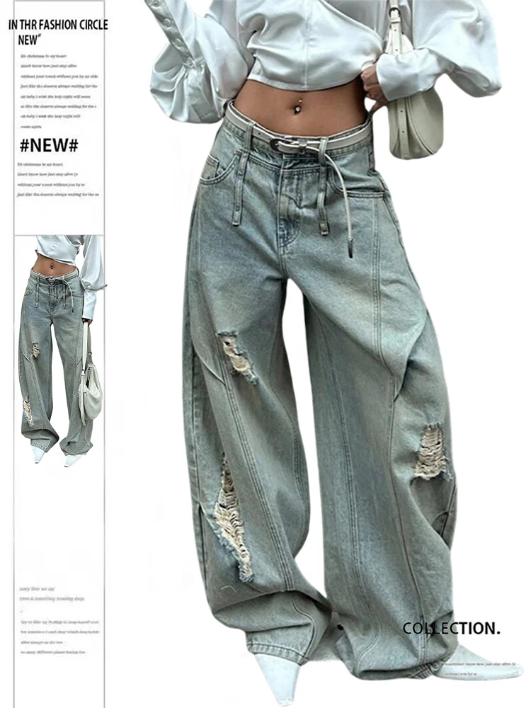 2025 Autumn Winter Women's Ripped Denim Pants Y2K Men Wide Fit Baggy Jean Japanese Harajuku Jean Punk Tide Mom Jeans Boyfriend