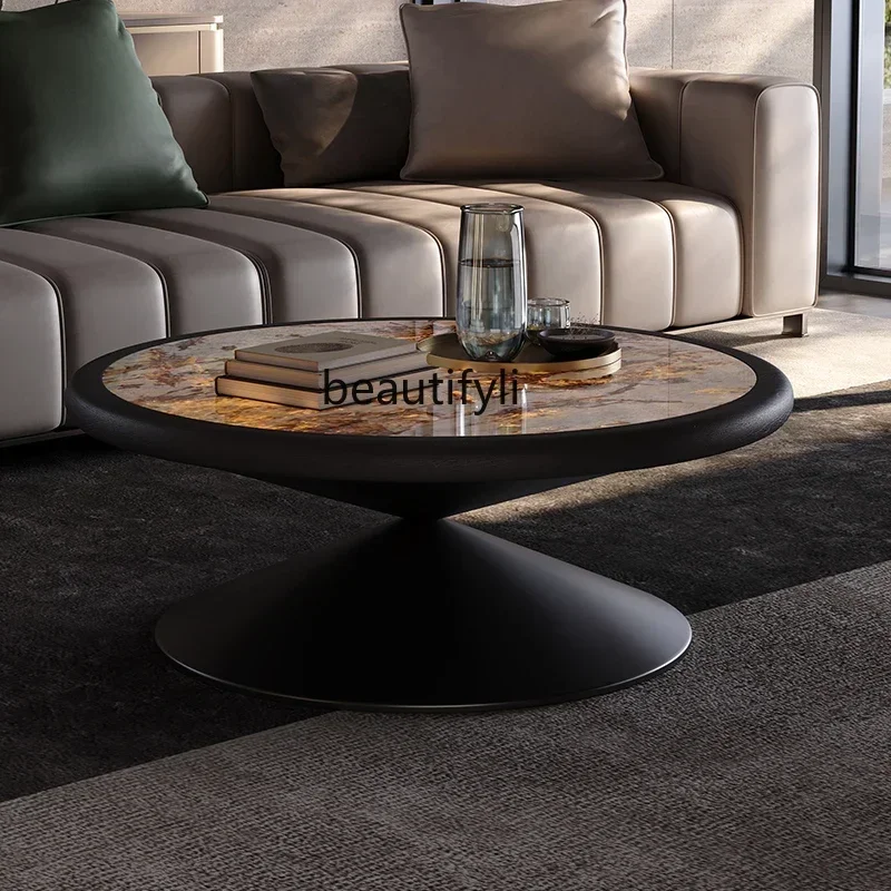 

New Solid wood round photoelectric luminous luxury stone high-end coffee table modern simple living room coffee tableA16