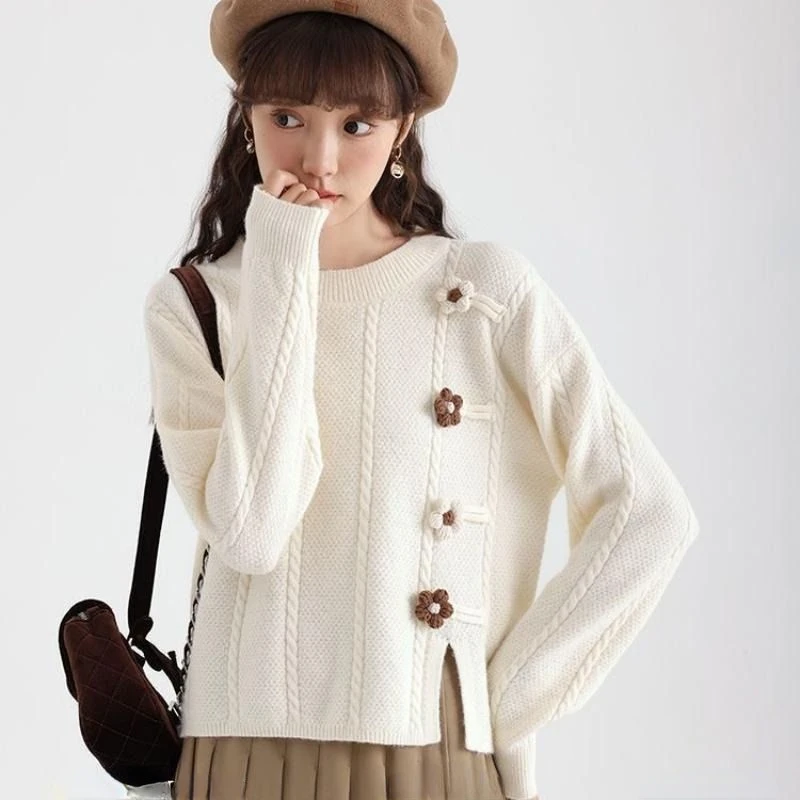 2023 Autumn and Winter New Design Sense Round Neck Hundred with Embroidery Set Head Bottoming Knitted Sweater Women