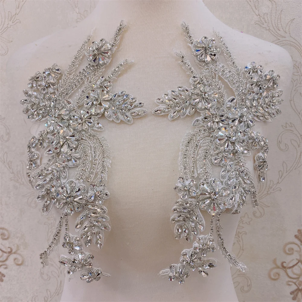 Rhinestone Beaded 3D Flower Mesh Applique Pair, Sew-On Embellishments for Wedding Dress, Bridal Gown & Party Costume Decoration