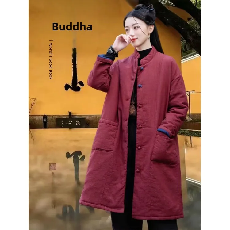 

Thickened Cotton Jacket Women's Winter Outerwear Chinese Style Buddhist Layperson's Clothes Middle-Length Fashionable Cotton ...