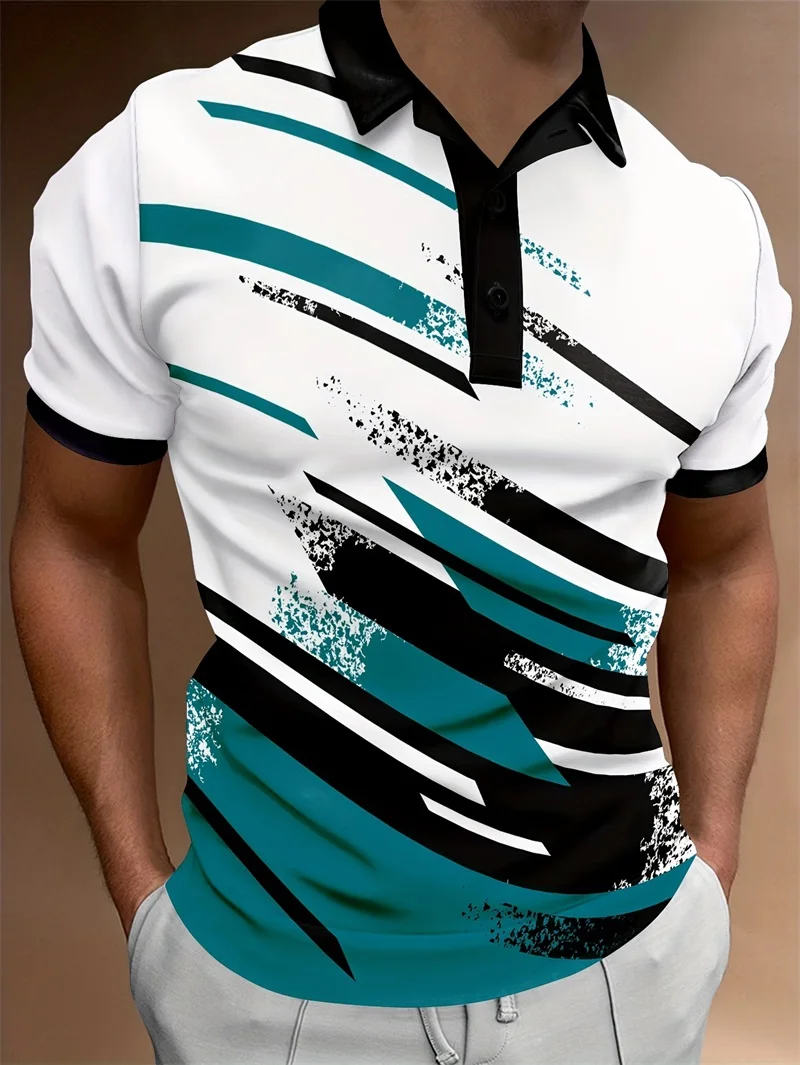 3D Digital Striped Pattern Polo Shirts For Men Casual Short Sleeve Button Up T Shirt Men's Breathable Golf Polo Shirt Top