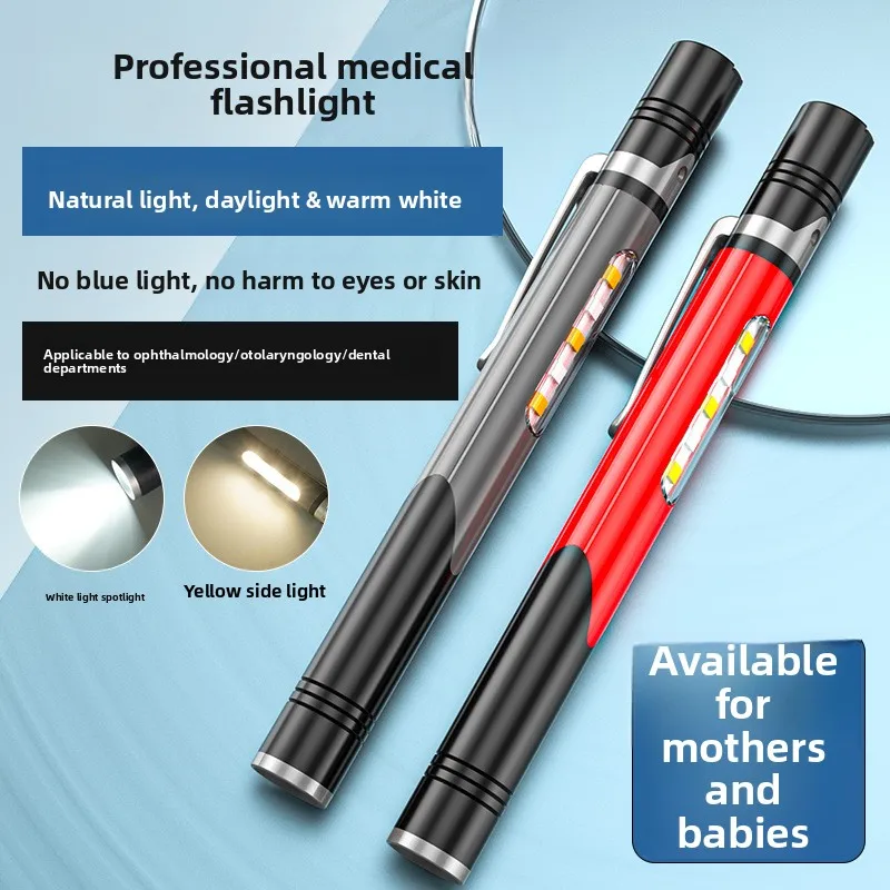 New LED Yellow White Dual Light Source Mini Flashlight USB Charging Pen Holder Portable Inspection Work Light Torch Lamp