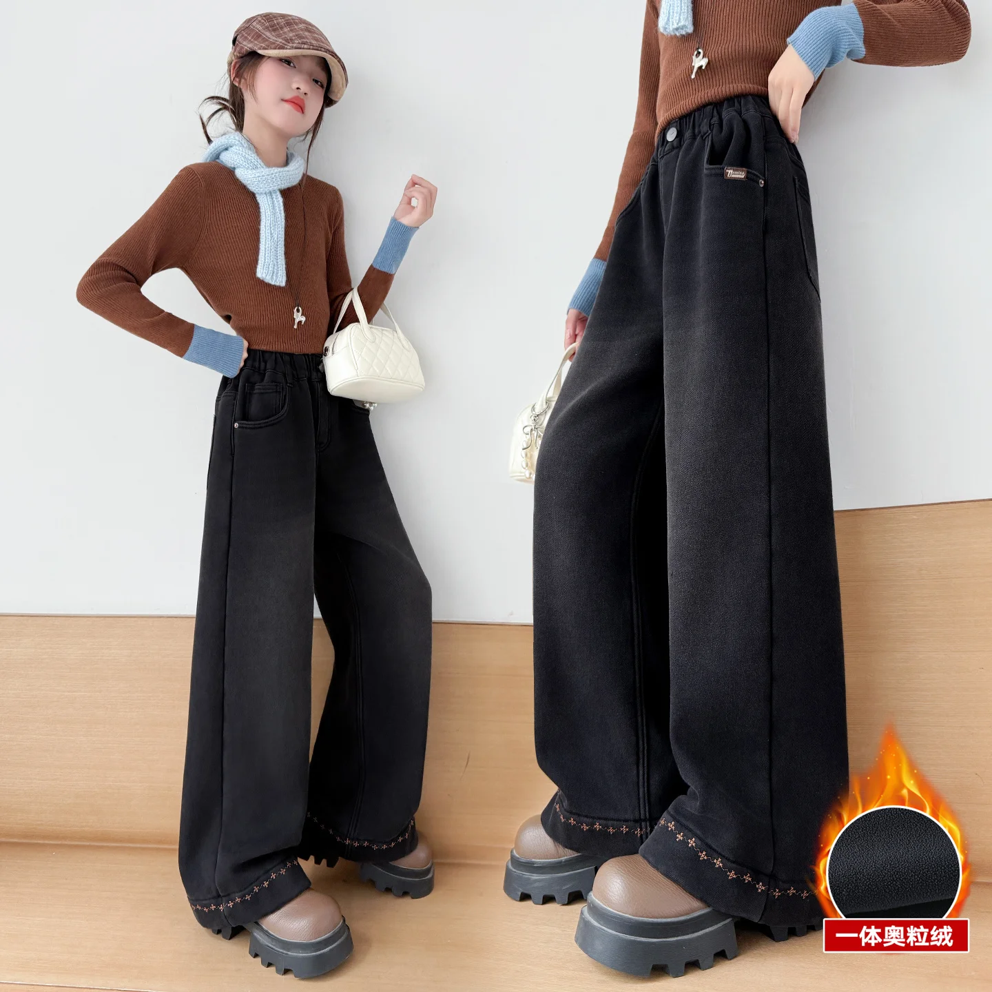 

2025 New High Quality Girls Jeans Vintage Denim Wide Leg Pants Kids Clothing Children Casual Solid Trousers For Teenager Clothes