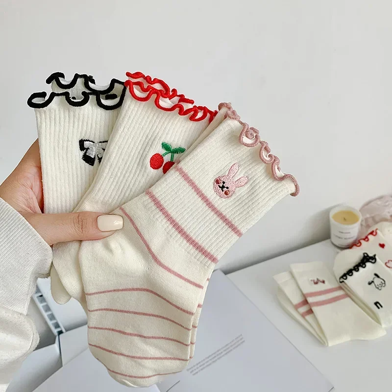 

Cherry Embroidery Cute Socks for Women Lolita Sweet Girls Ruffle Socks Cartoon Rabbit Dog Japanese Kawaii Solid Color White Sock