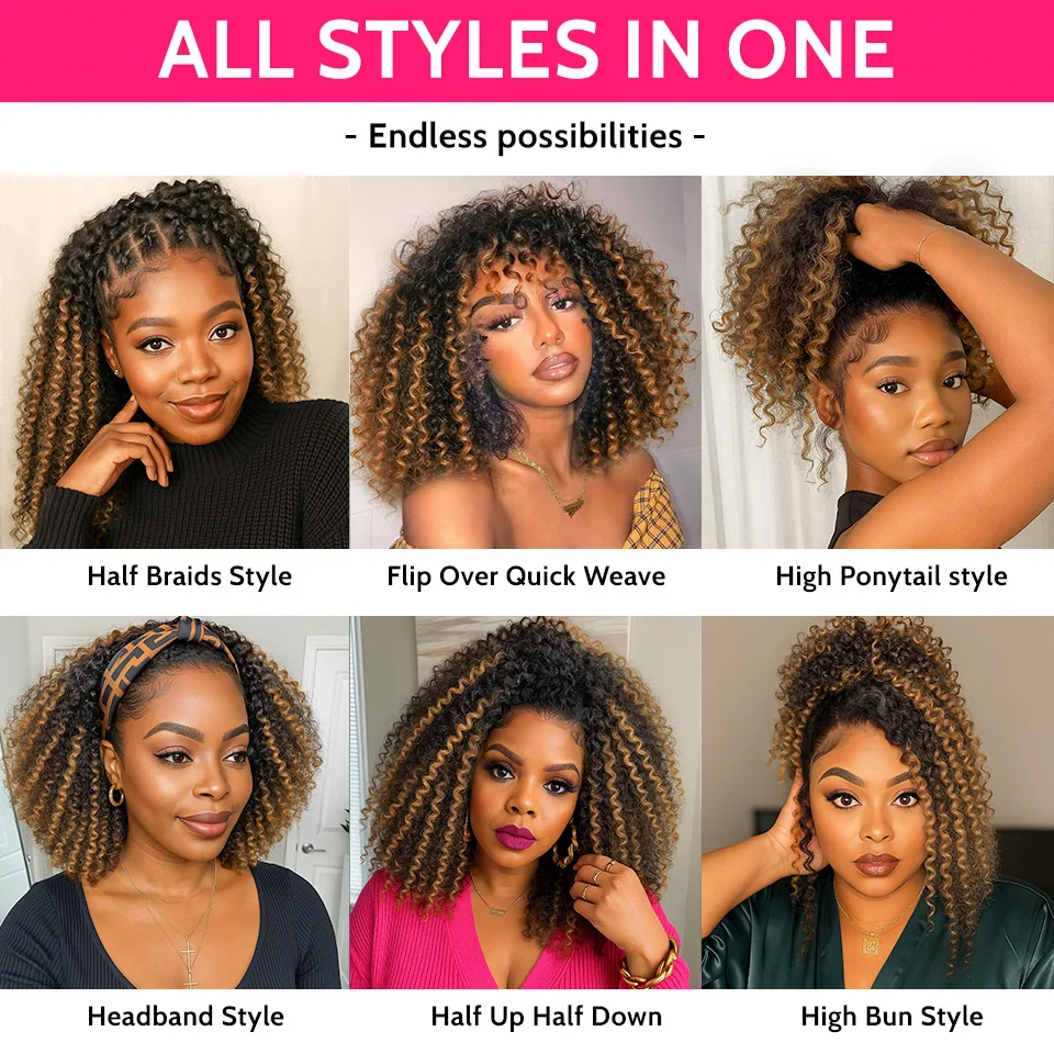 سهلة التركيب 1B/27 الأفرو غريب مجعد 3 في 1 نصف الباروكات شعر الإنسان بوب شقراء عالية الارتفاع سلس كليب في الاتجاه الجديد 3/4 نصف الباروكات