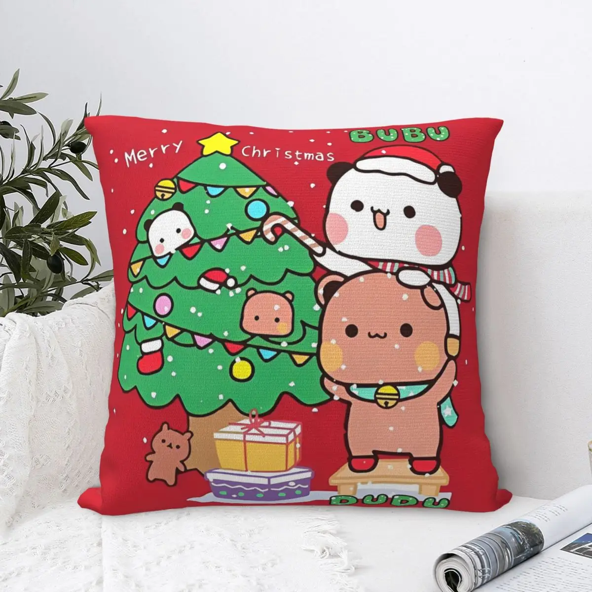 Bubu Dudu Xmas Panda Bear Square Pillow Case Merry Christmas Gifts Cushion Cover  Polyester Decor Pillowcase for Home 40*40cm