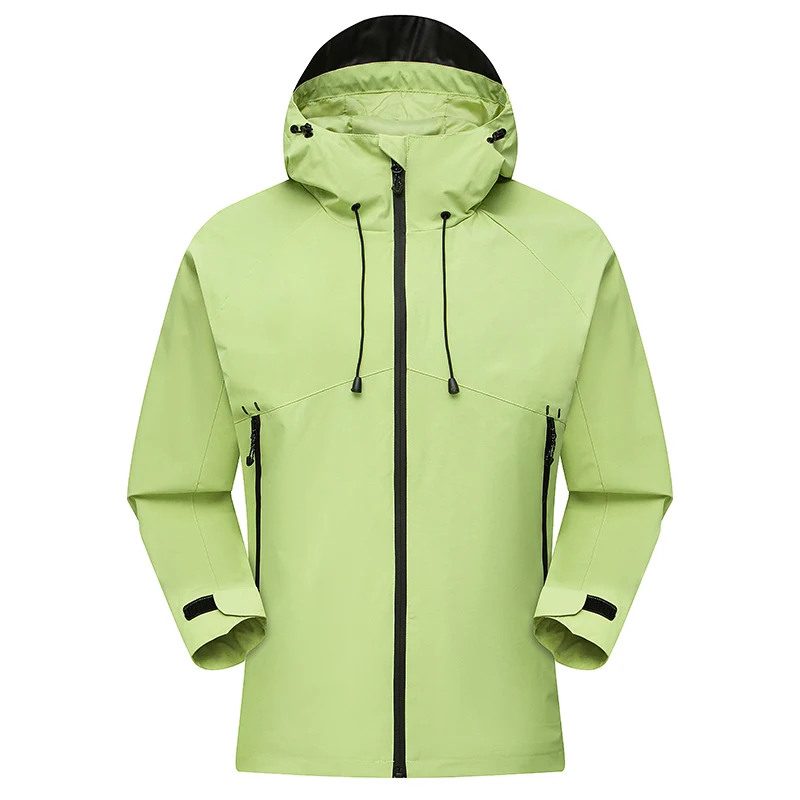 Unisex Waterproof Windproof Hooded Jacket Full‑Zip Zipper Pockets Drawstring Hood Adjustable Cuff Outdoor Hiking Rain Coat