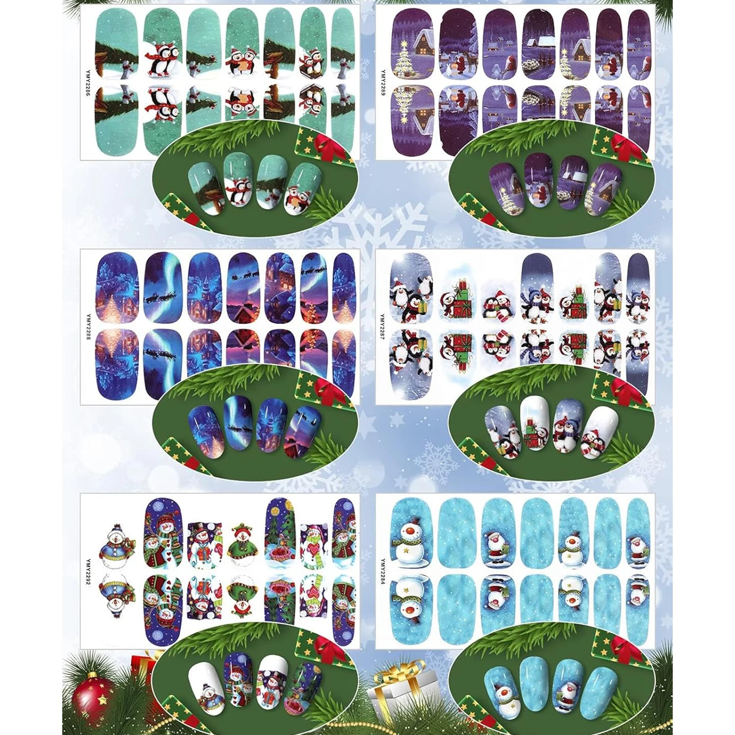12피스 크리스마스 풀 세트 네일 랩, 산타클로스, 펭귄, 눈사람 디자인의 에반쿠 접착 네일 아트 폴리쉬 스티커, 네일 파일 1개 포함, 여성용 크리스마스 네일 장식에 적합