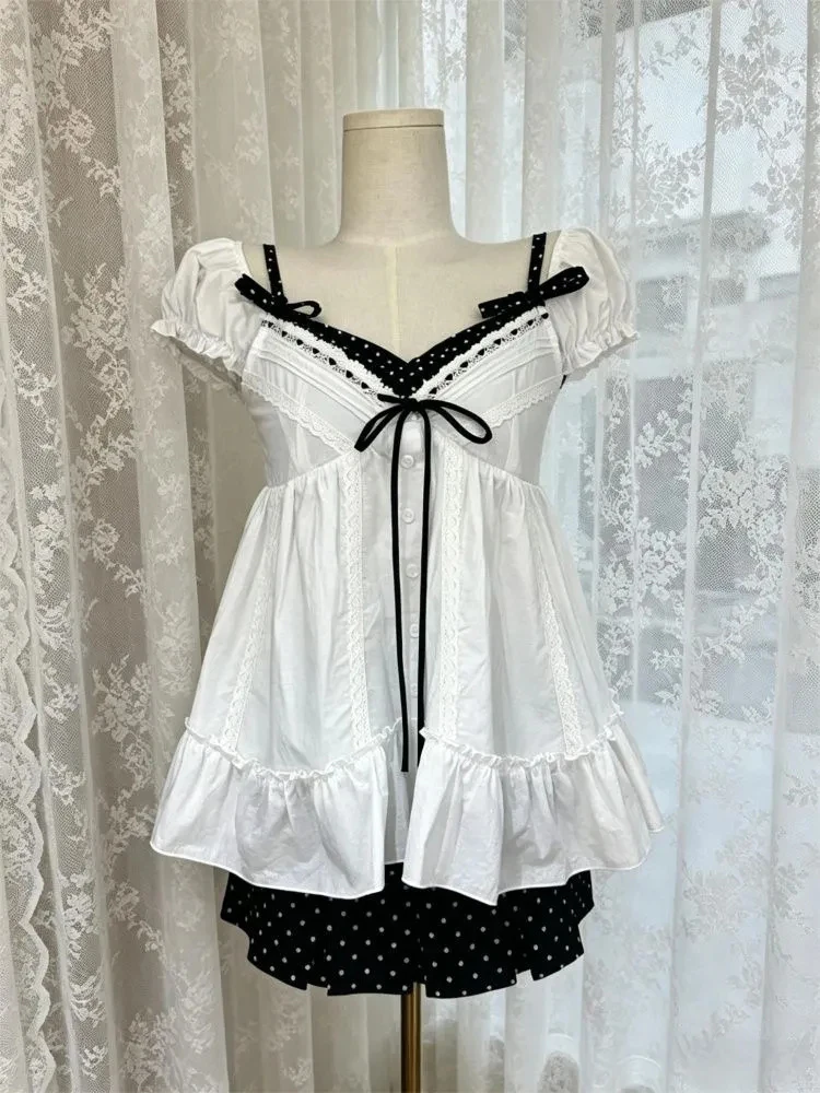 Summer 2026 Women's Sweet Floral Print Bubble Sleeve Blouse Pink Camisole Inner Wear Pleated  Skirt Three Piece Set